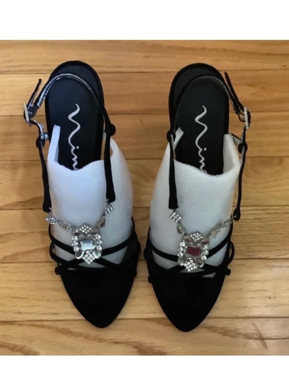 Nina Marmar Black Velvet Rhinestone High Heel Sandals SZ 39